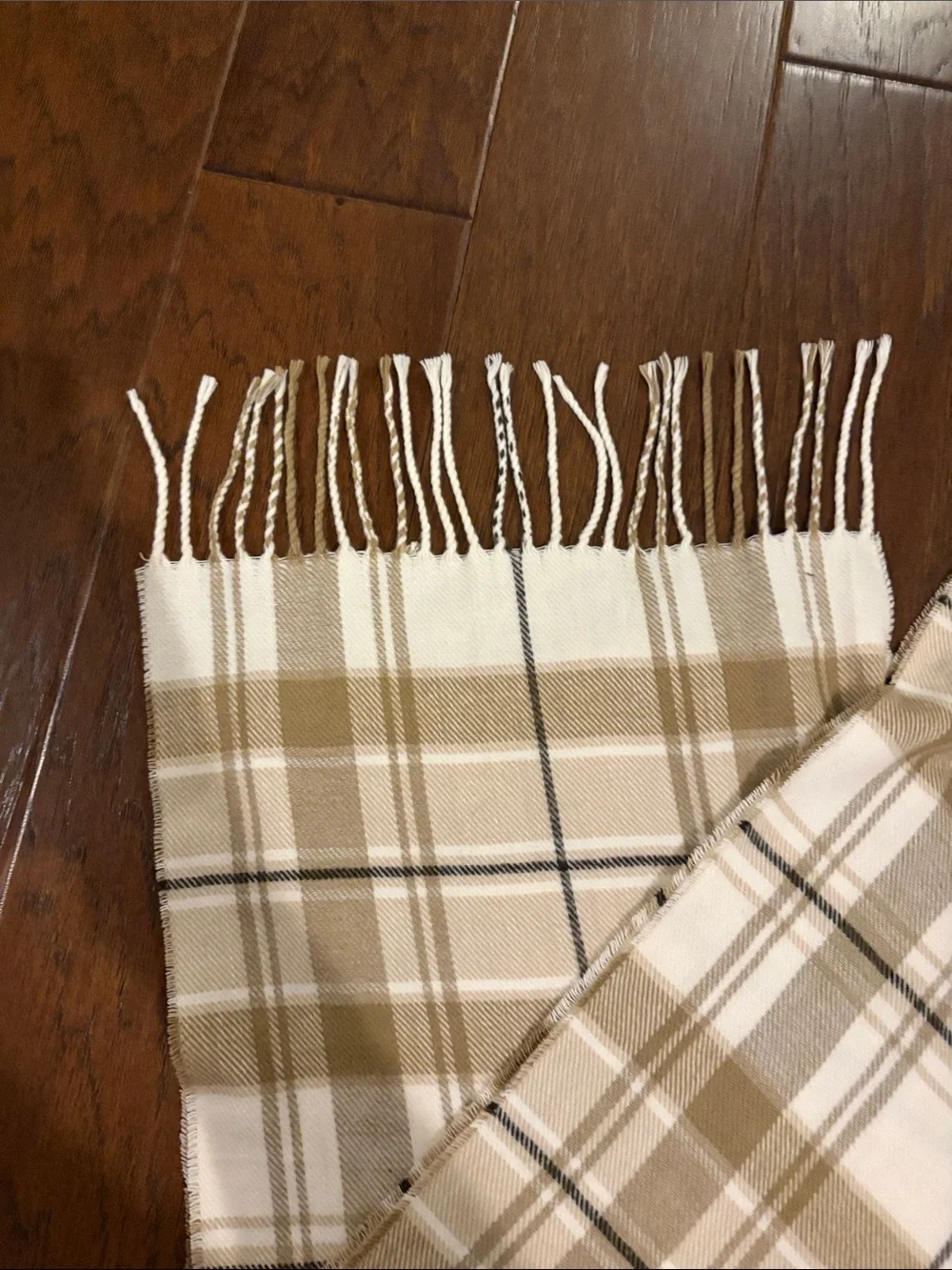 100% Cashmere Plaid Scarf 65” x 12” Tan Cream Black, Made in Scotland.